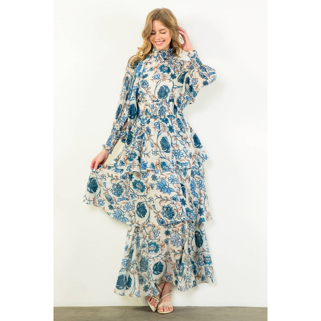 Smocked Waist Tiered Long Sleeve Dress