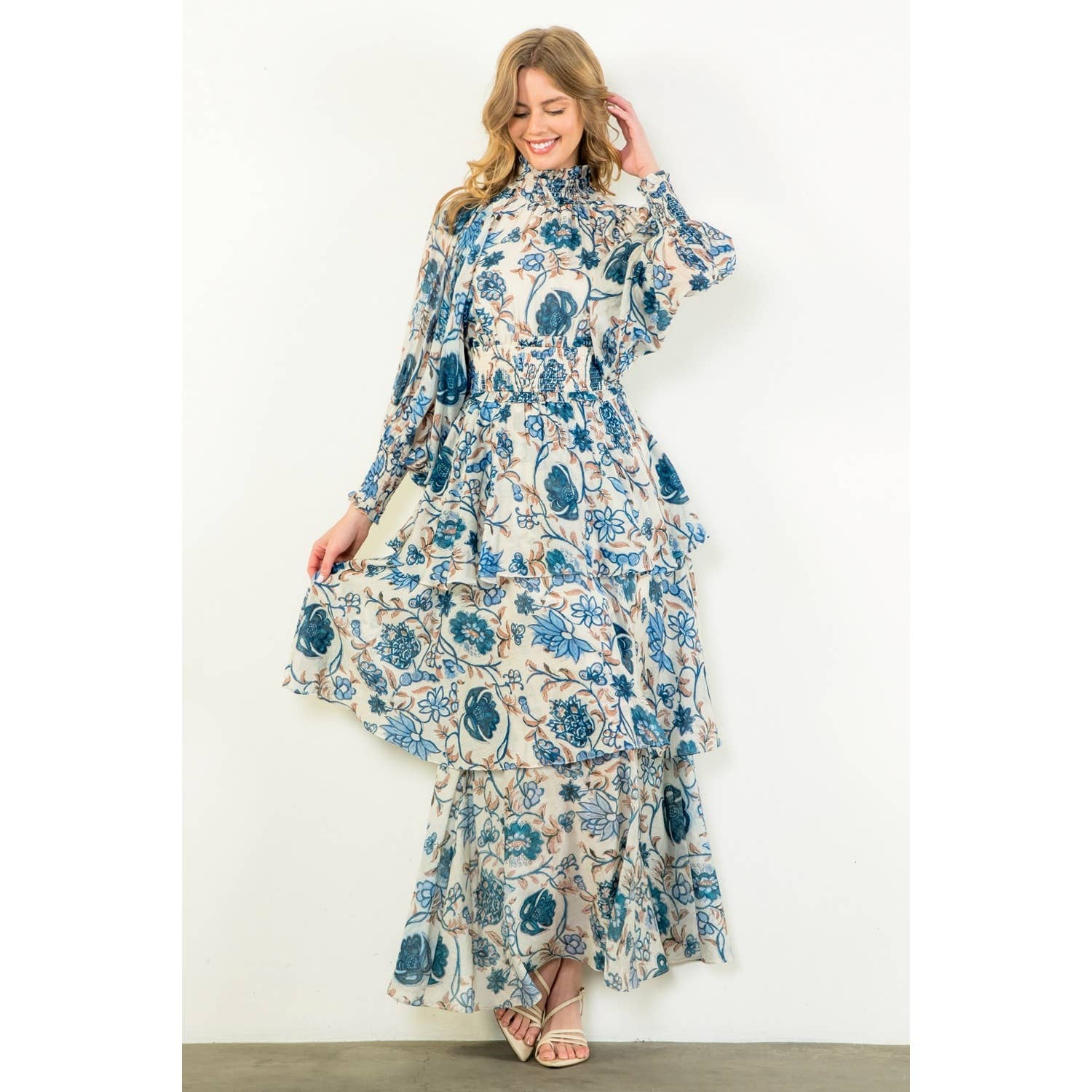 Smocked Waist Tiered Long Sleeve Dress