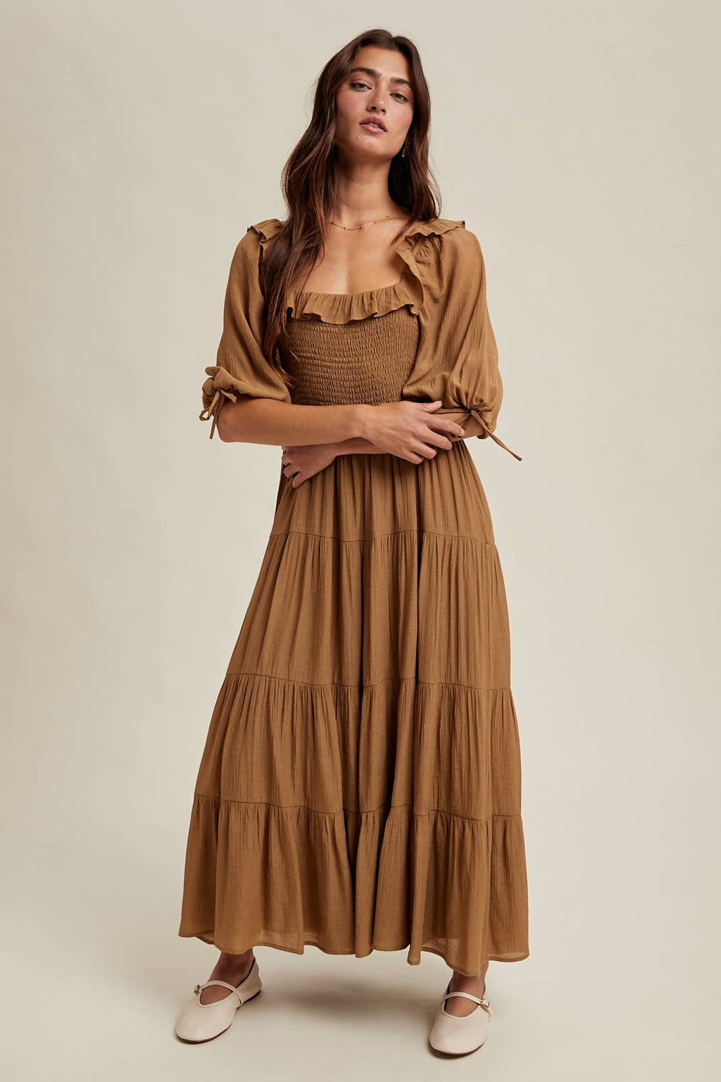 RUFFLE DETAIL TIERED MIDI DRESS / WL25-10640