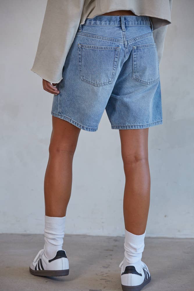 Woven Denim Cotton Straight Leg Bermuda Shorts