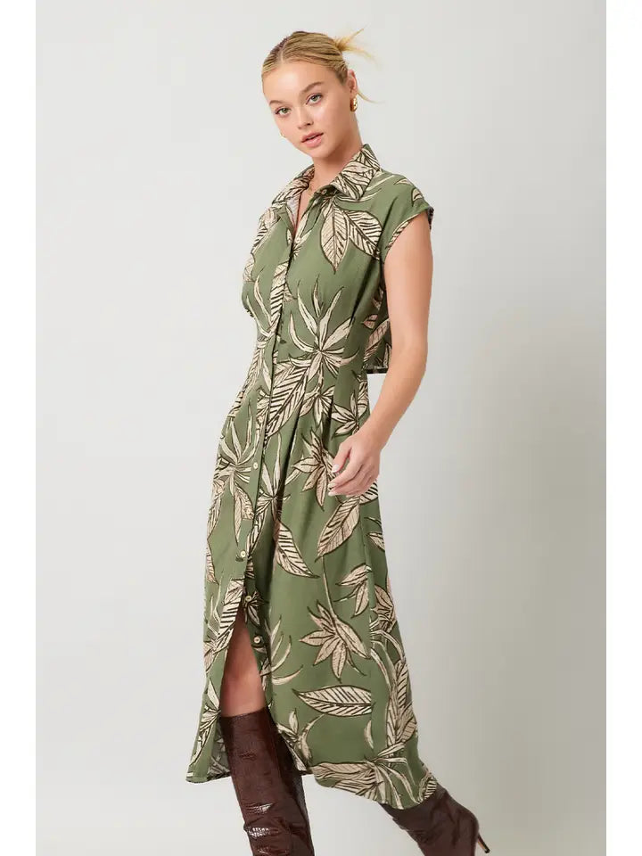 PRINTED LINEN CUT OUT BACK MIDI DRESS