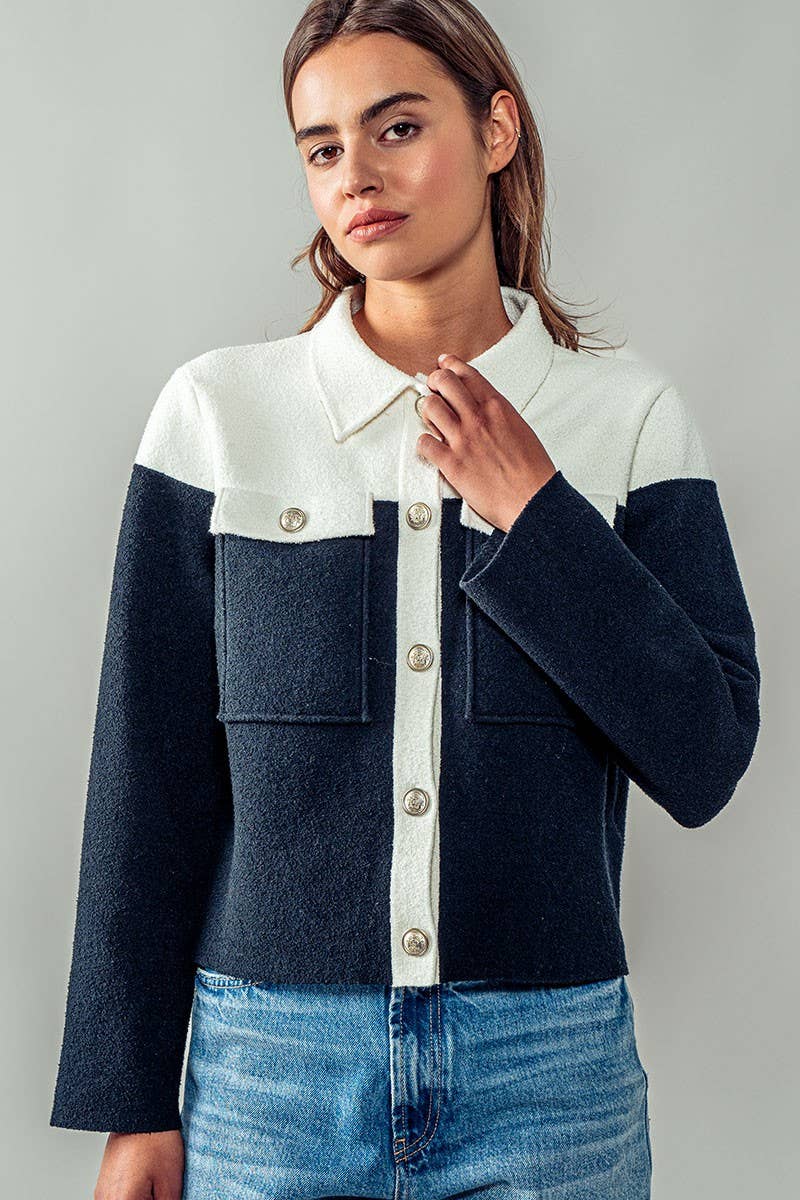 Colorblock Button-Up Cropped Coat