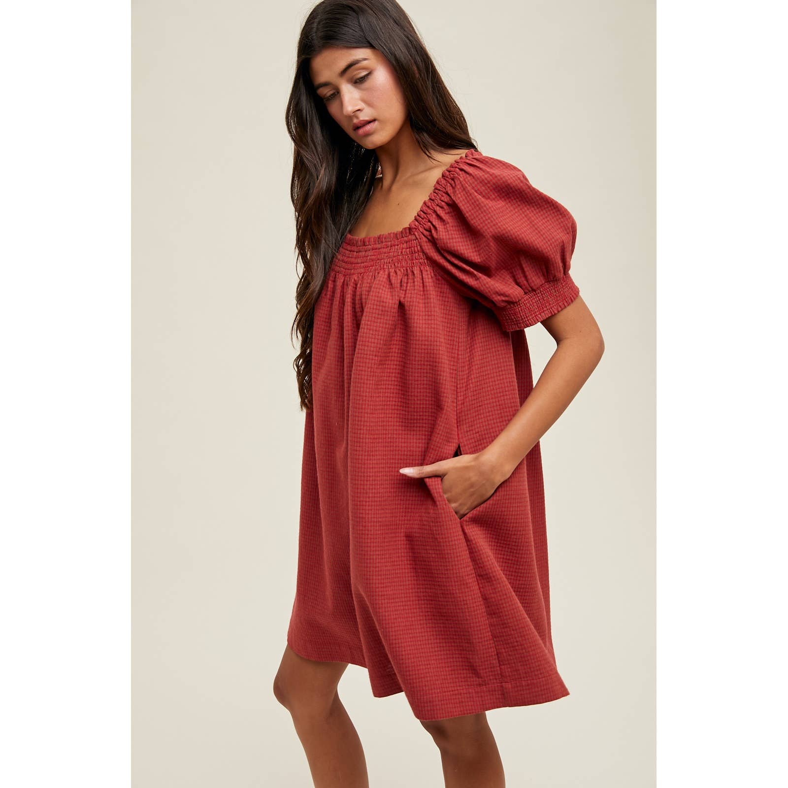 PLAID PUFF SLEEVE MINI DRESS / WL25-11115