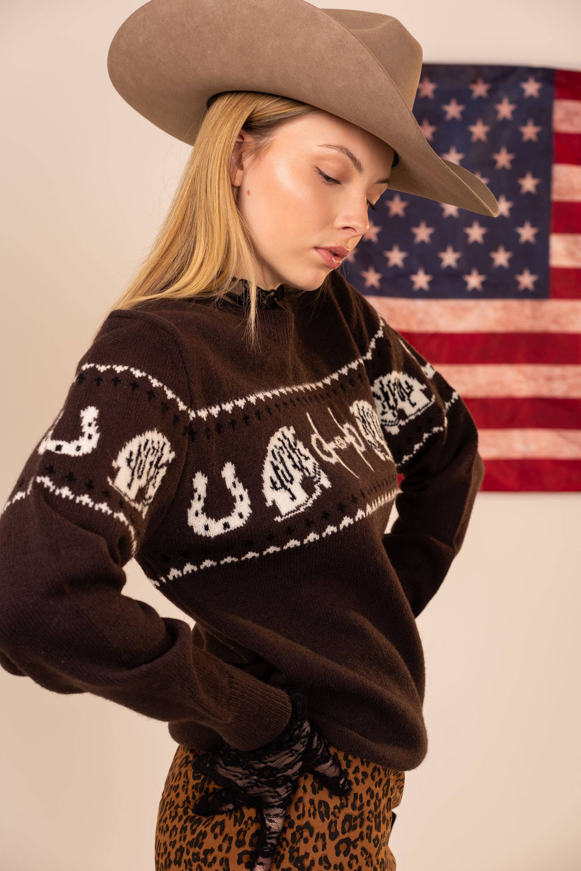 Horse Pattern Crew Neck Western Sweater