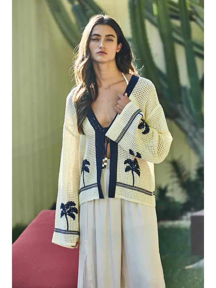 By Together Palm Tree Crochet Cardigan - Ivory V-Neck Knit Sweater