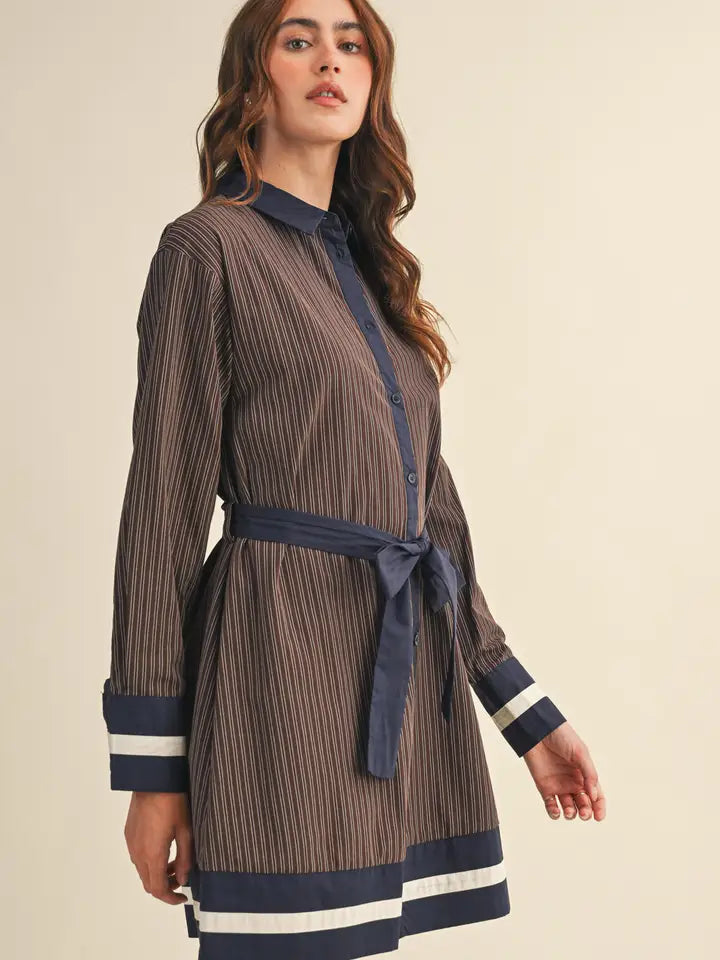 Striped Button Down Belted Mini Dress