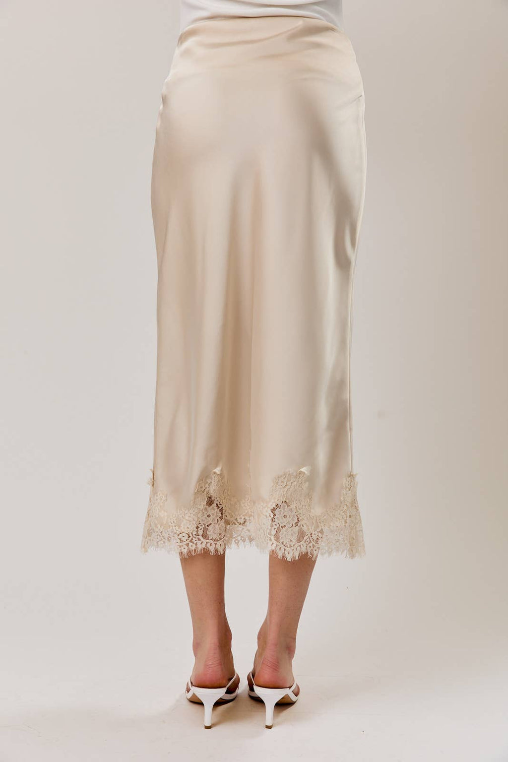 LACE APPLIQUE SATIN BIAS MIDI SKIRT