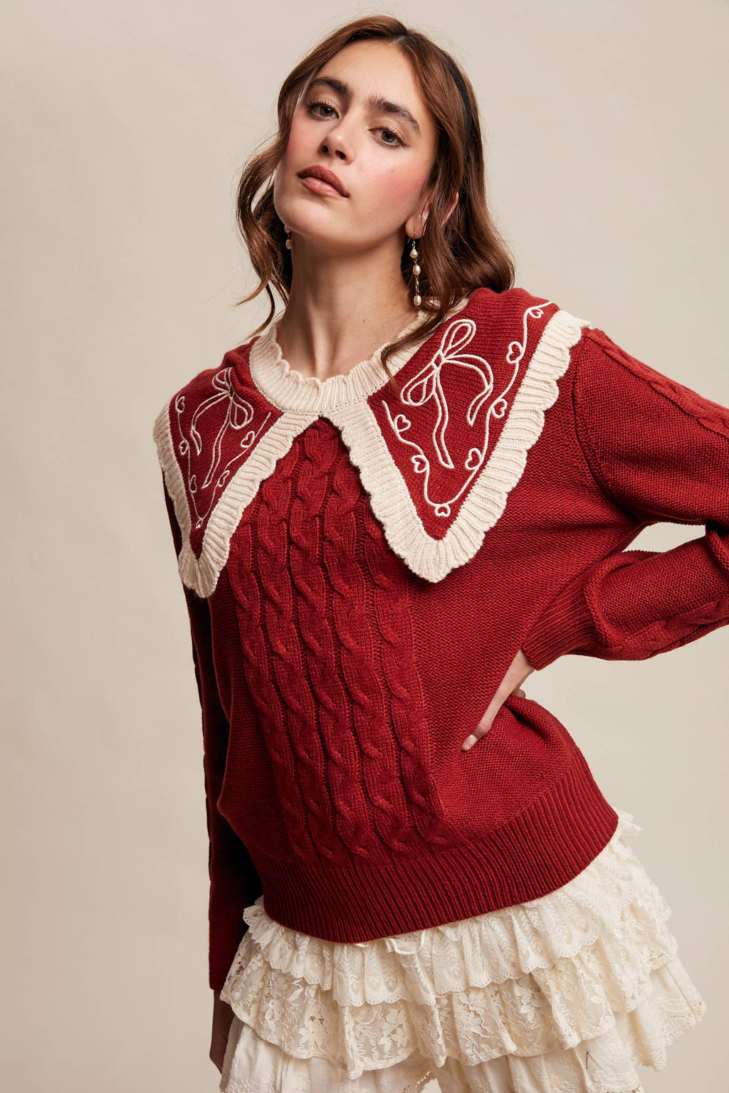 Bow Embroidered Cable Knit Sweater LSW0975