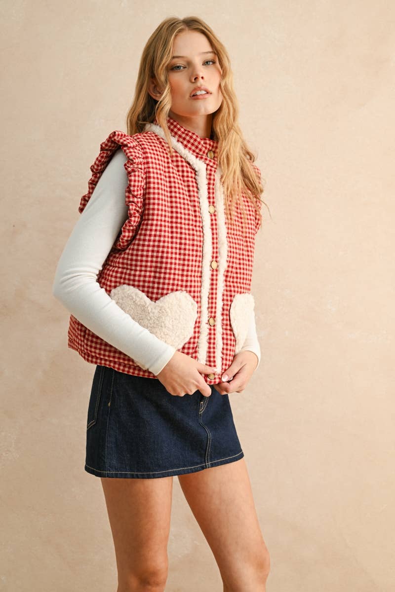 GINGHAM PATTERN SHERPA POCKET VEST
