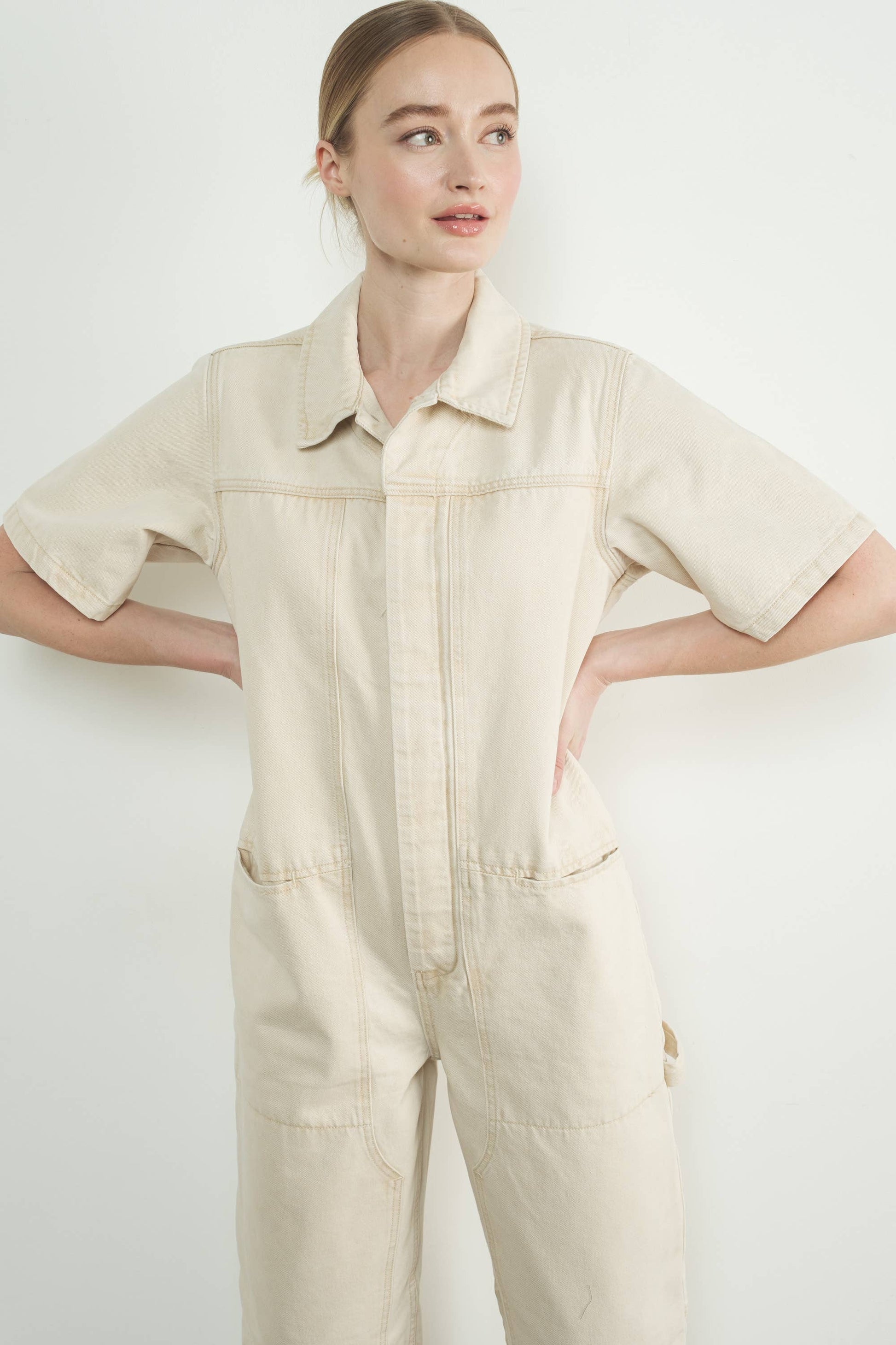 IVORY DENIM SHORT SLEEVES COLLARED JUMPSUIT