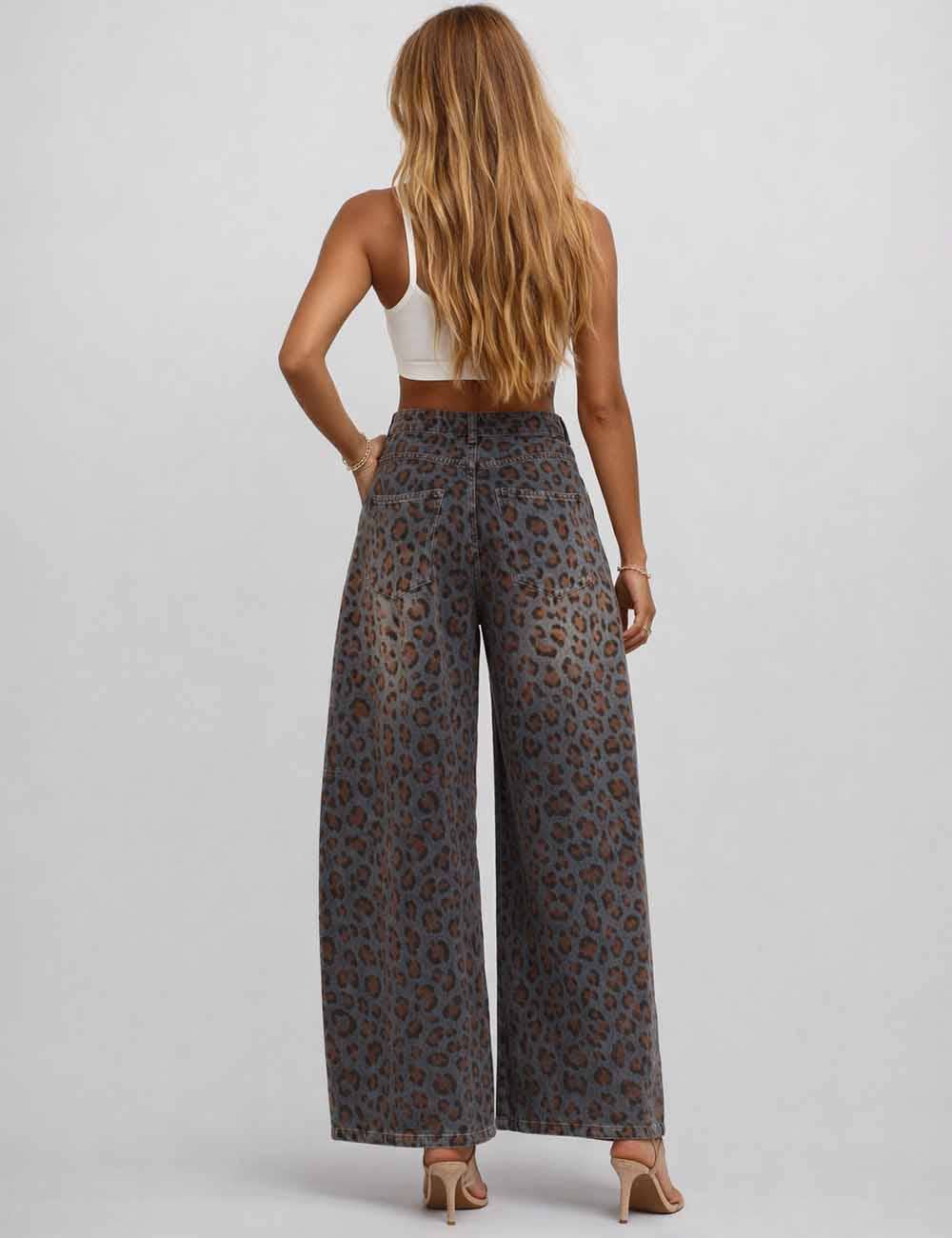 Leopard Jacquard Barrel Leg Denim Pants