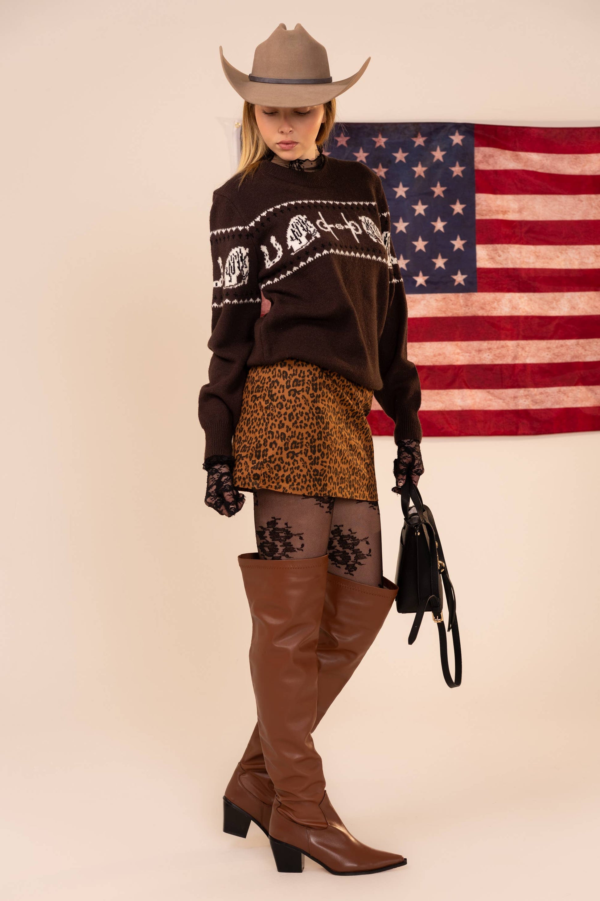 Horse Pattern Crew Neck Western Sweater
