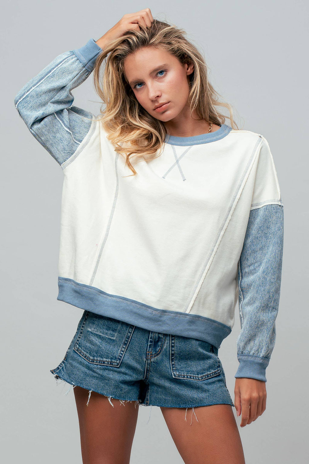 Contrast Denim Sleeve Mixed Media Pullover