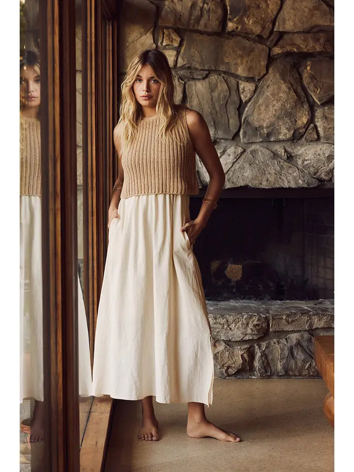 CHUNKY SWEATER TWOFER MIDI DRESS LATTE/CREAM