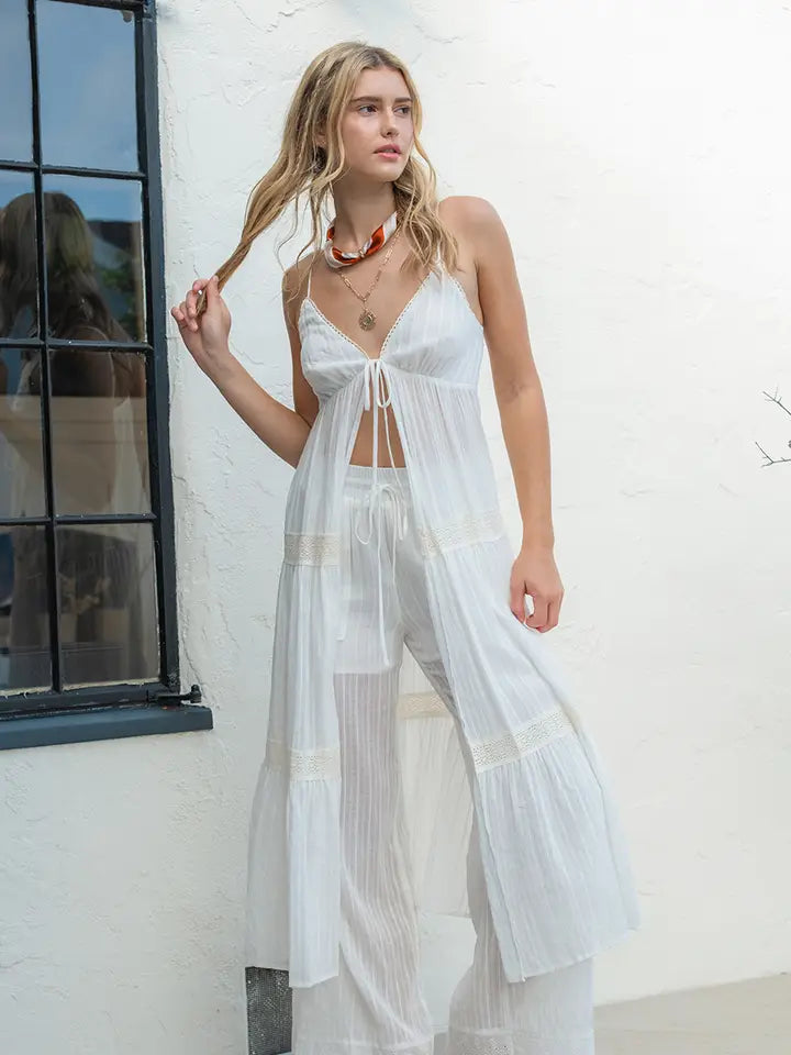 OFF WHITE TIE FRONT LACE TOP