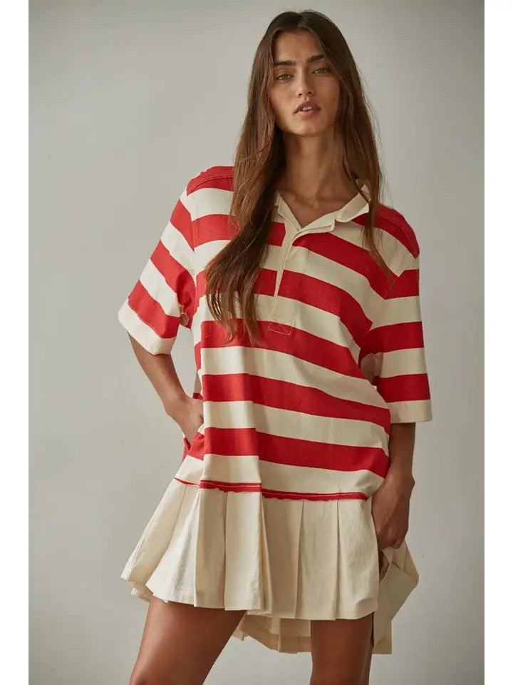 Knit Cotton Striped Collared Contrast Pleats Mini