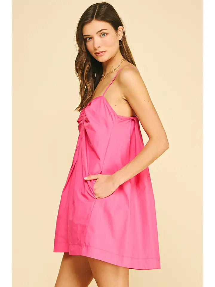 PINCH Ruched Button Down Mini Dress - Hot Pink Summer Skater Dress