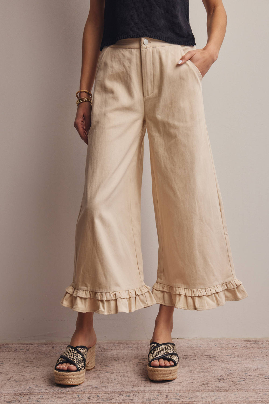 High-Waisted Wide-Leg Boho Pants with Ruffle Hem