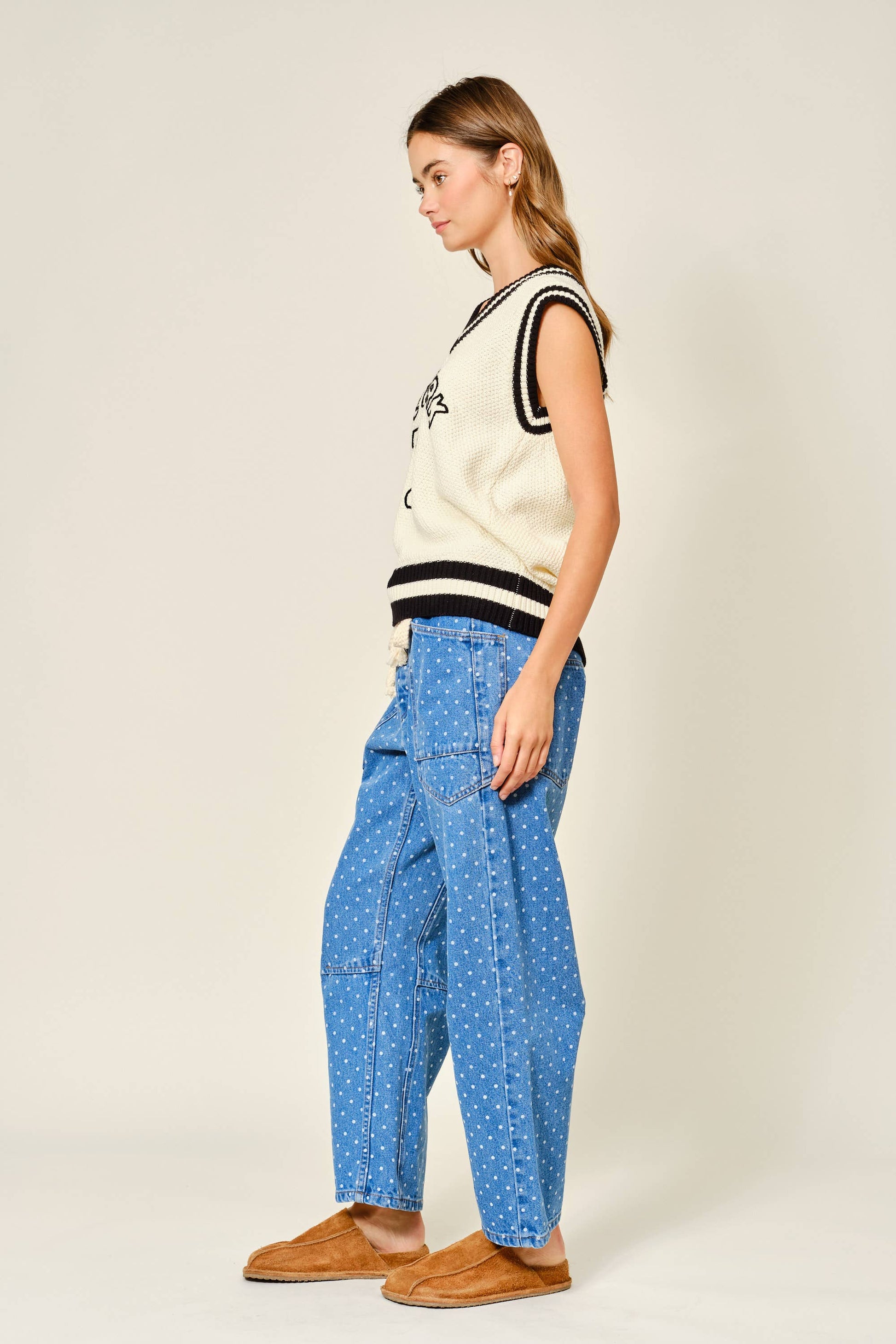 POLKA DOT DENIM BARREL PANTS
