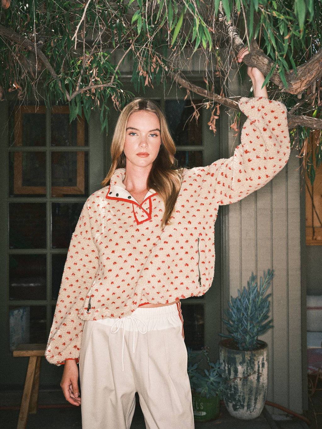 AJJ5366 HEART PRINT TEDDY BEAR PULLOVER JACKET