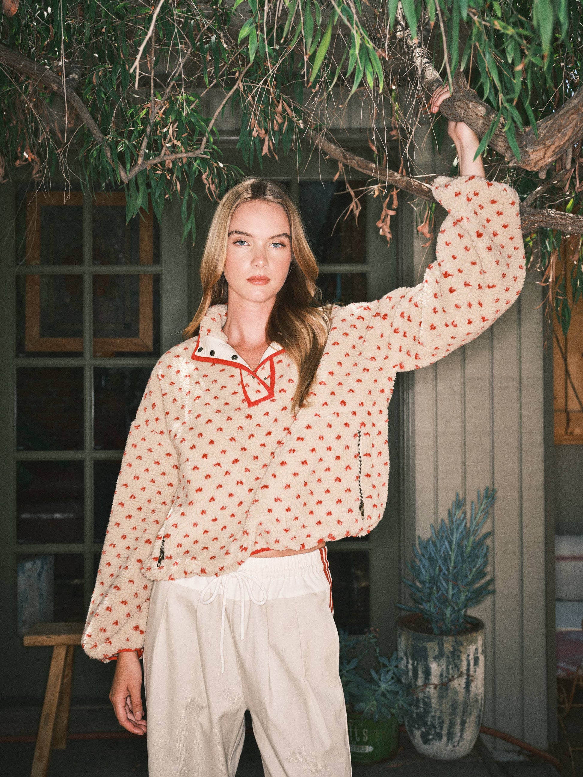 AJJ5366 HEART PRINT TEDDY BEAR PULLOVER JACKET