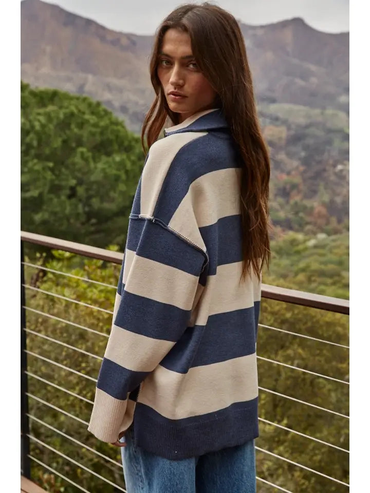 KNIT STRIPED TURTLENECK HALF ZIP UP TOP