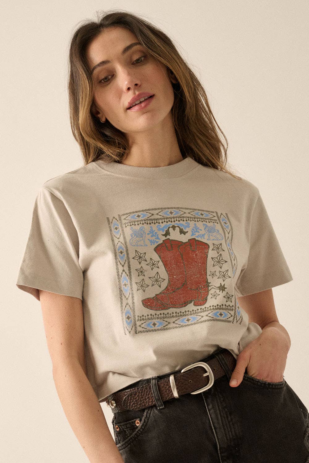 Western Cowboy Boots Vintage-Print Graphic Tee