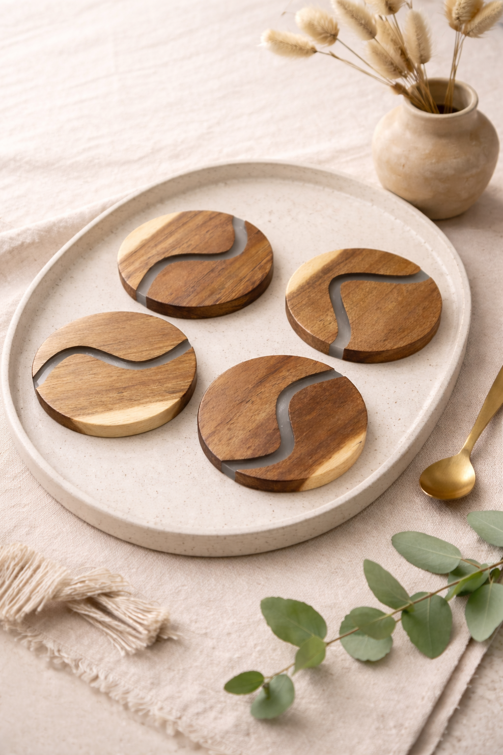 Ibiza Teak Wood & Resin Coaster Set – 4 Piece