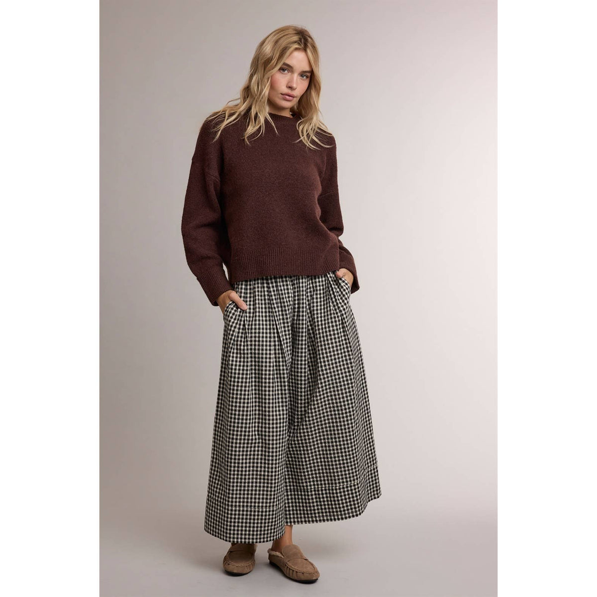 GINGHAM WIDE LEG PULL ON PANTS