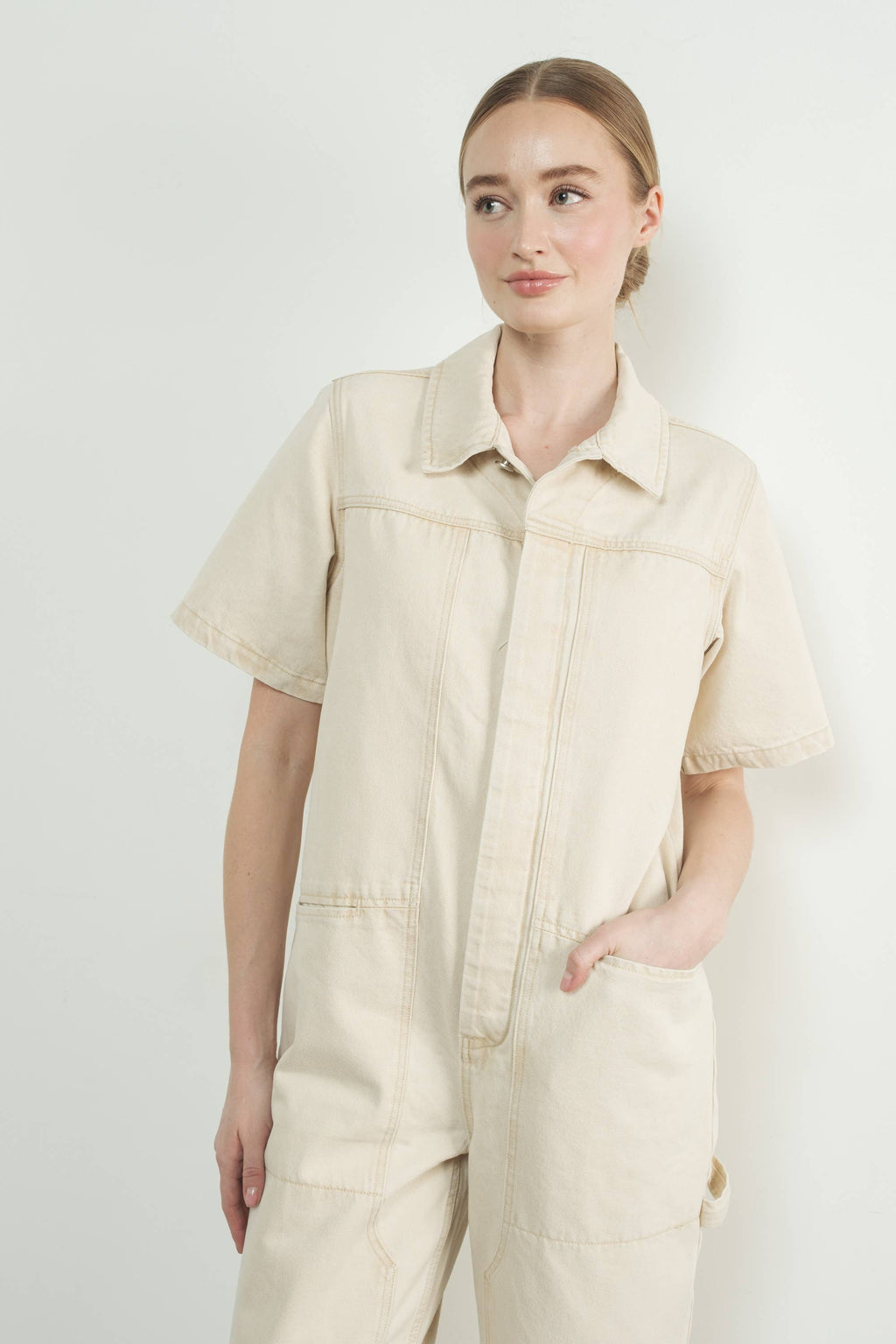 IVORY DENIM SHORT SLEEVES COLLARED JUMPSUIT