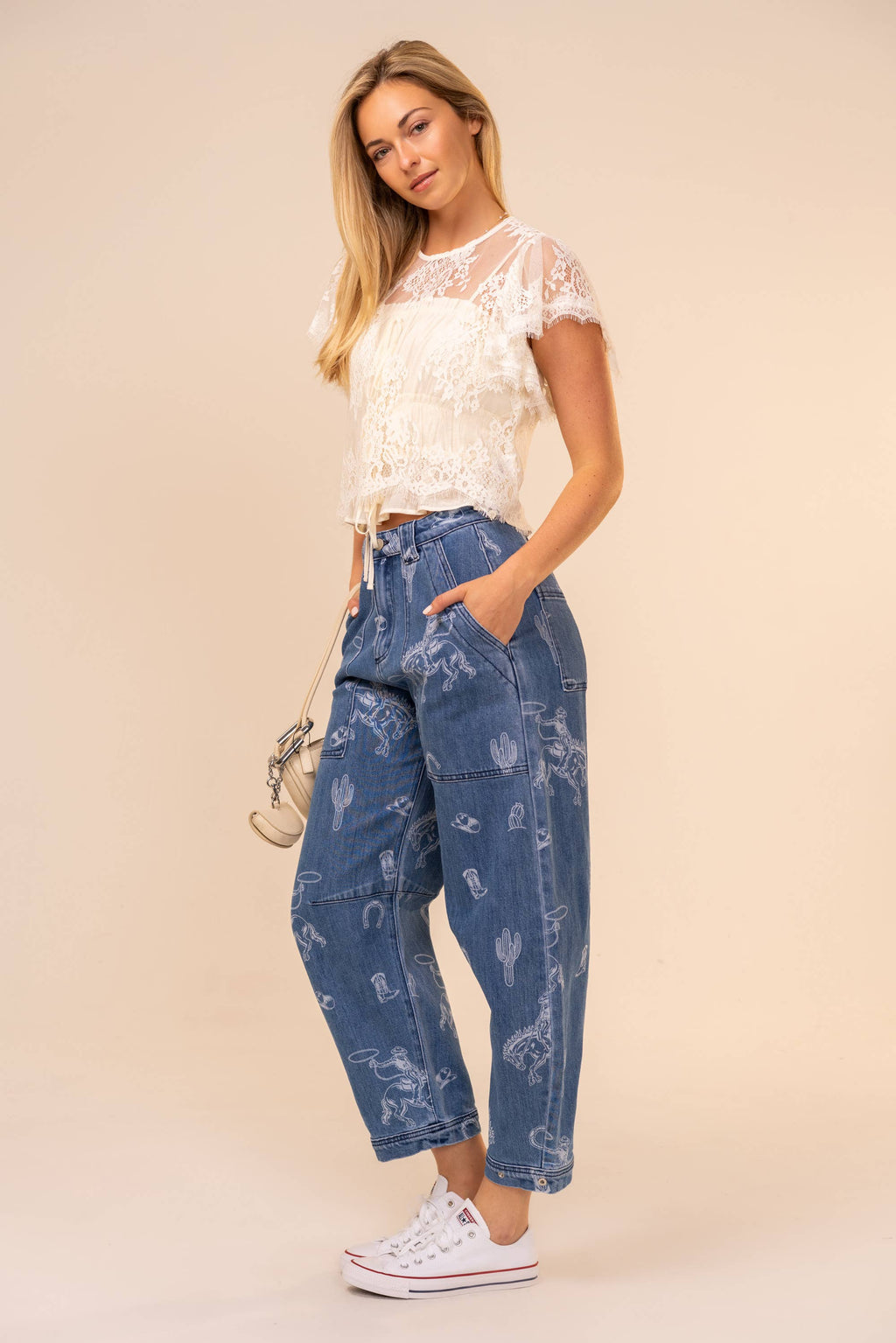 Western Print Barrel Leg Denim Jean