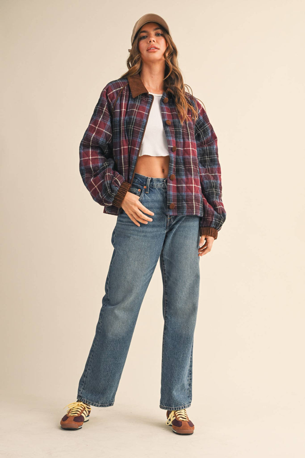 PLAID QUILTED JACKET WITH CONTRAST CORDUROY DETAIL MJK4115