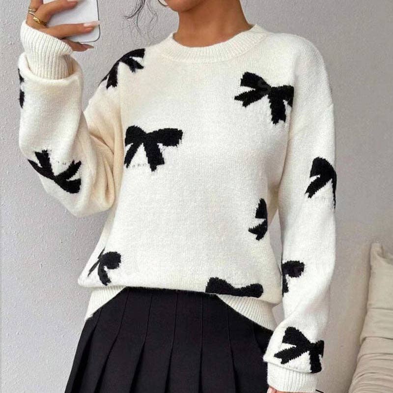 Elegant Round Neck Bow Jacquard Knit Sweater DP25E528