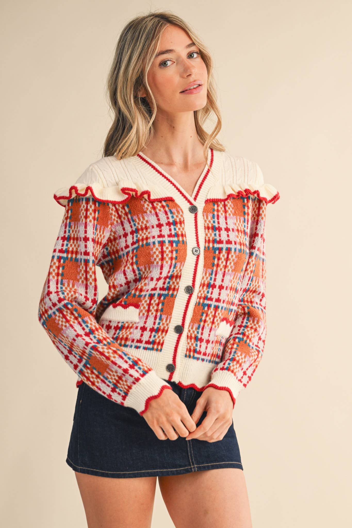 RUFFLED YOKE PLAID SWEATER CARDIGAN