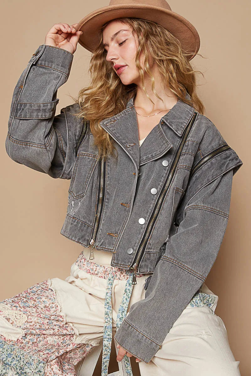 Cropped Denim Jacket with Functional Zipper Detail
