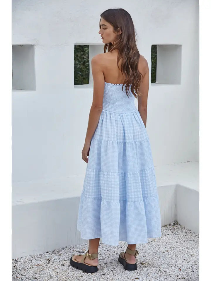 By Together Light Blue Gingham Midi Dress - Smocked Waist Sun Dress