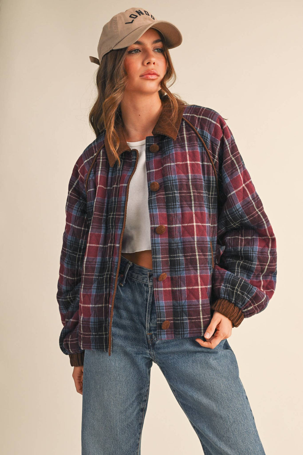 PLAID QUILTED JACKET WITH CONTRAST CORDUROY DETAIL MJK4115