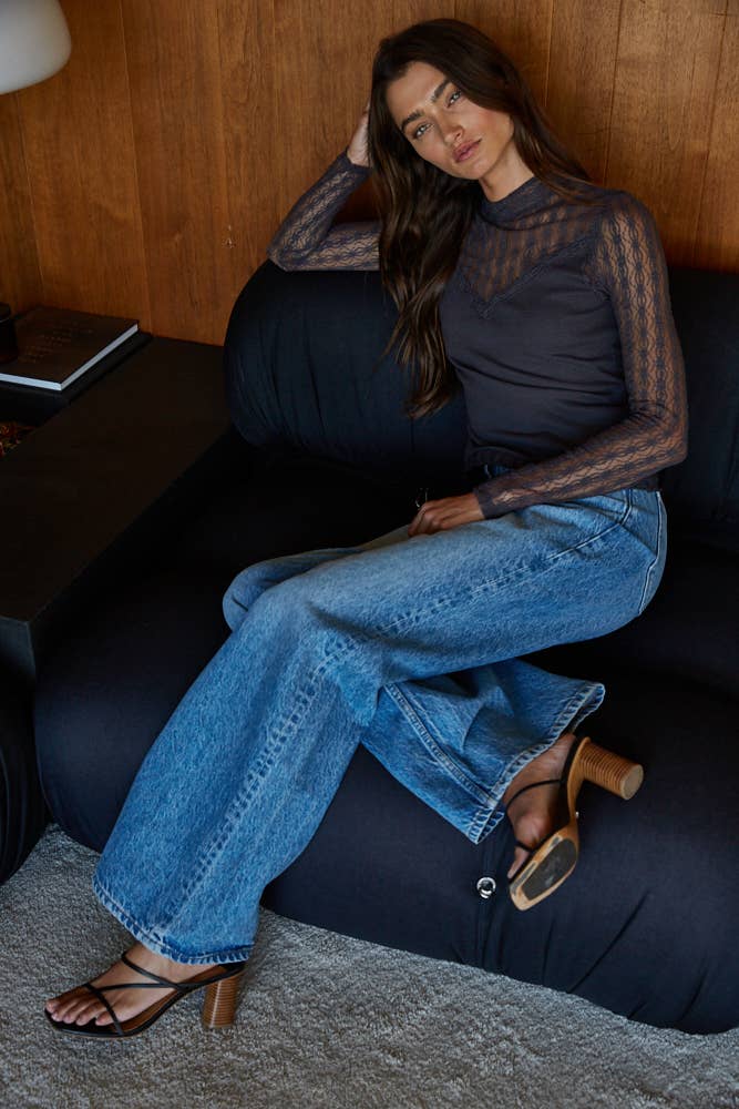 Ribbed Sheer Lace Mock Neck Long Sleeve