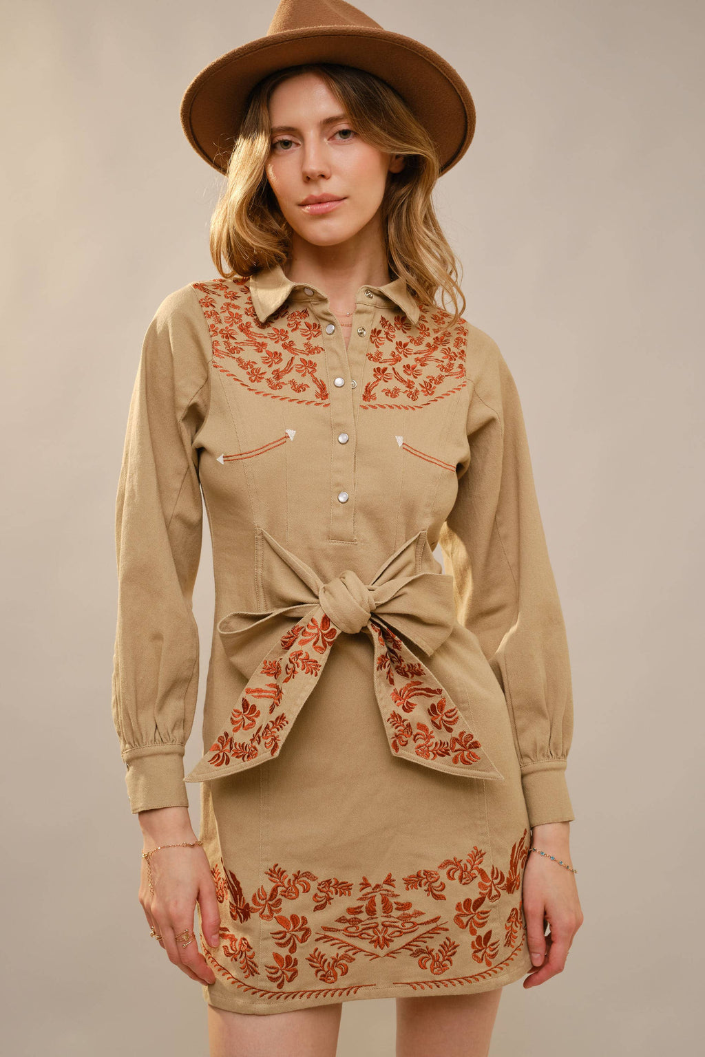 Embroidery Self Tie Denim Dress