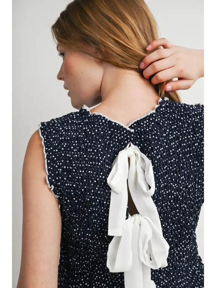 Ruched Ribbon-Back Sleeveless Blouse