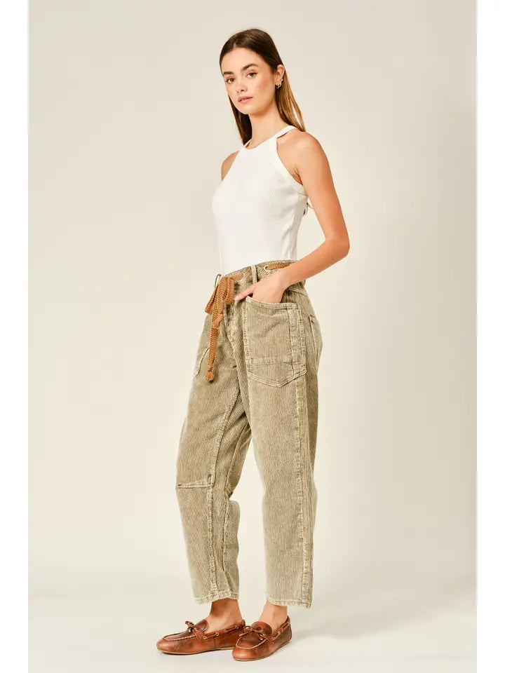 Barrel Corduroy Pants with Eyelet Waist
