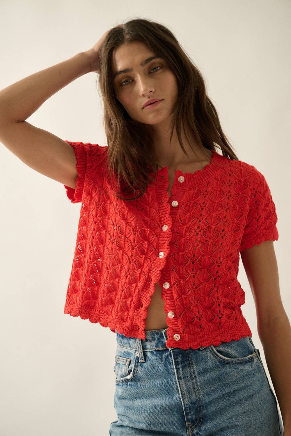 Pointelle Crochet-Knit Buttoned Short Sleeve Cardigan Top