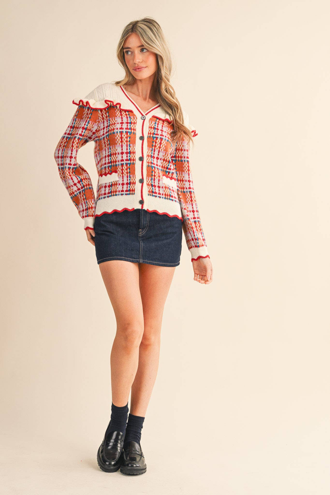 RUFFLED YOKE PLAID SWEATER CARDIGAN