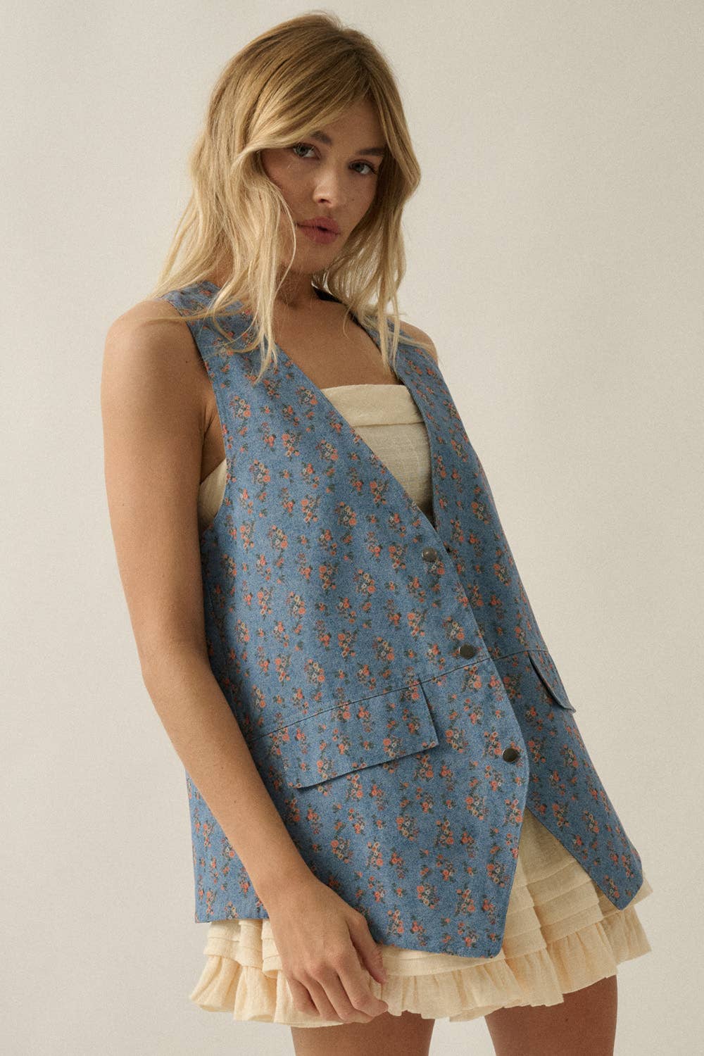 Promesa USA Floral Print Denim Vest