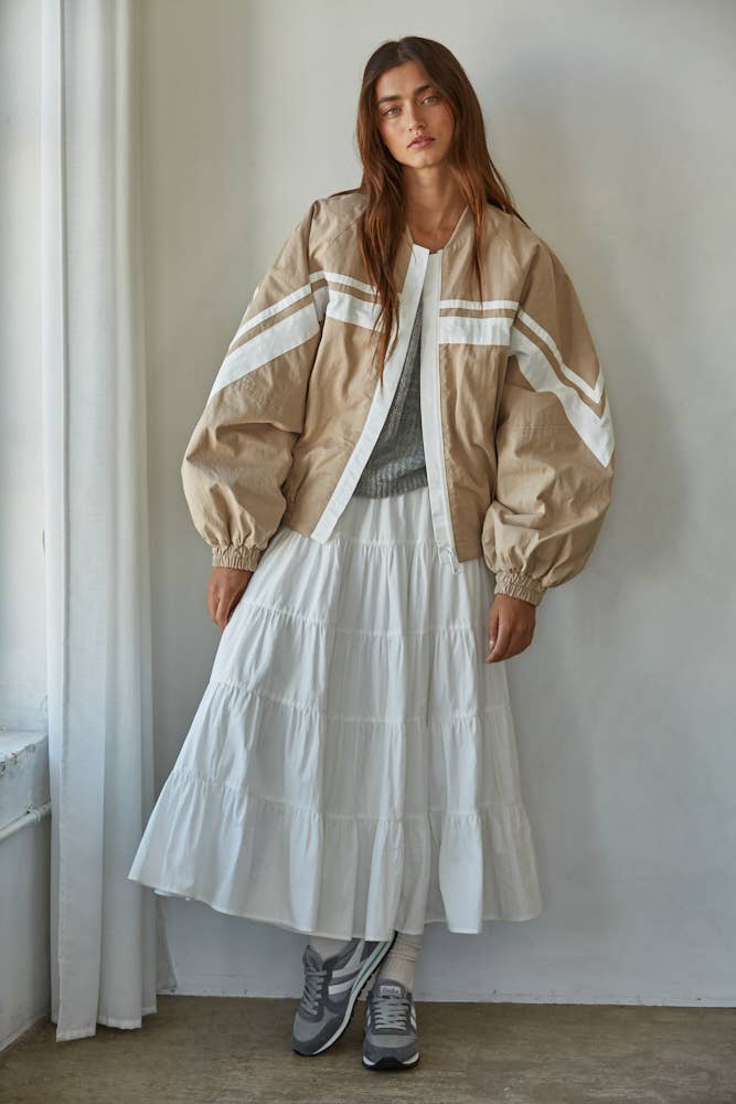 L8723 | Woven Cotton Striped Zip Up Bomber Jacket