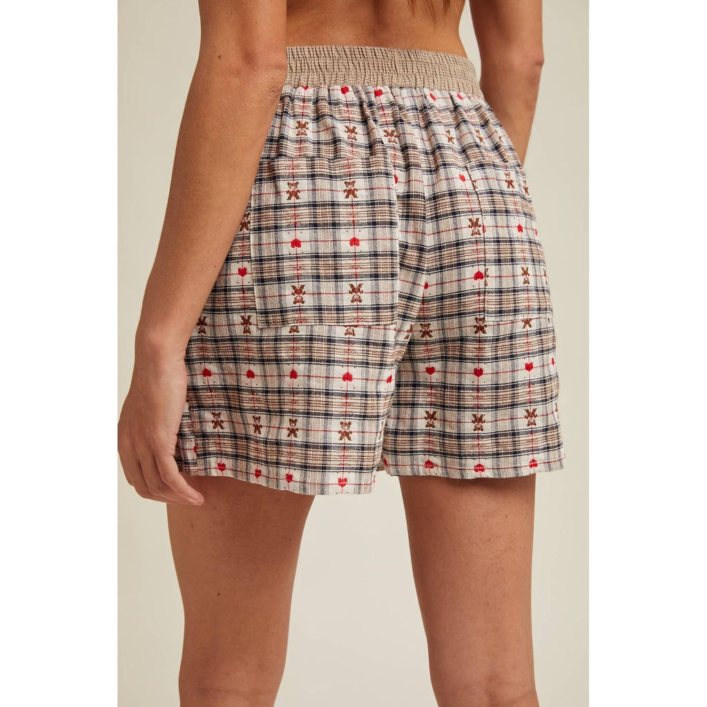 HEART TEDDY BEAR PLAID BOXER SHORTS / WL25-11087