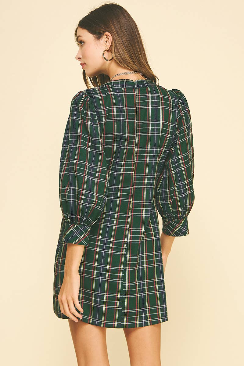 PLAID BUTTON DOWN MINI DRESS - DARK GREEN