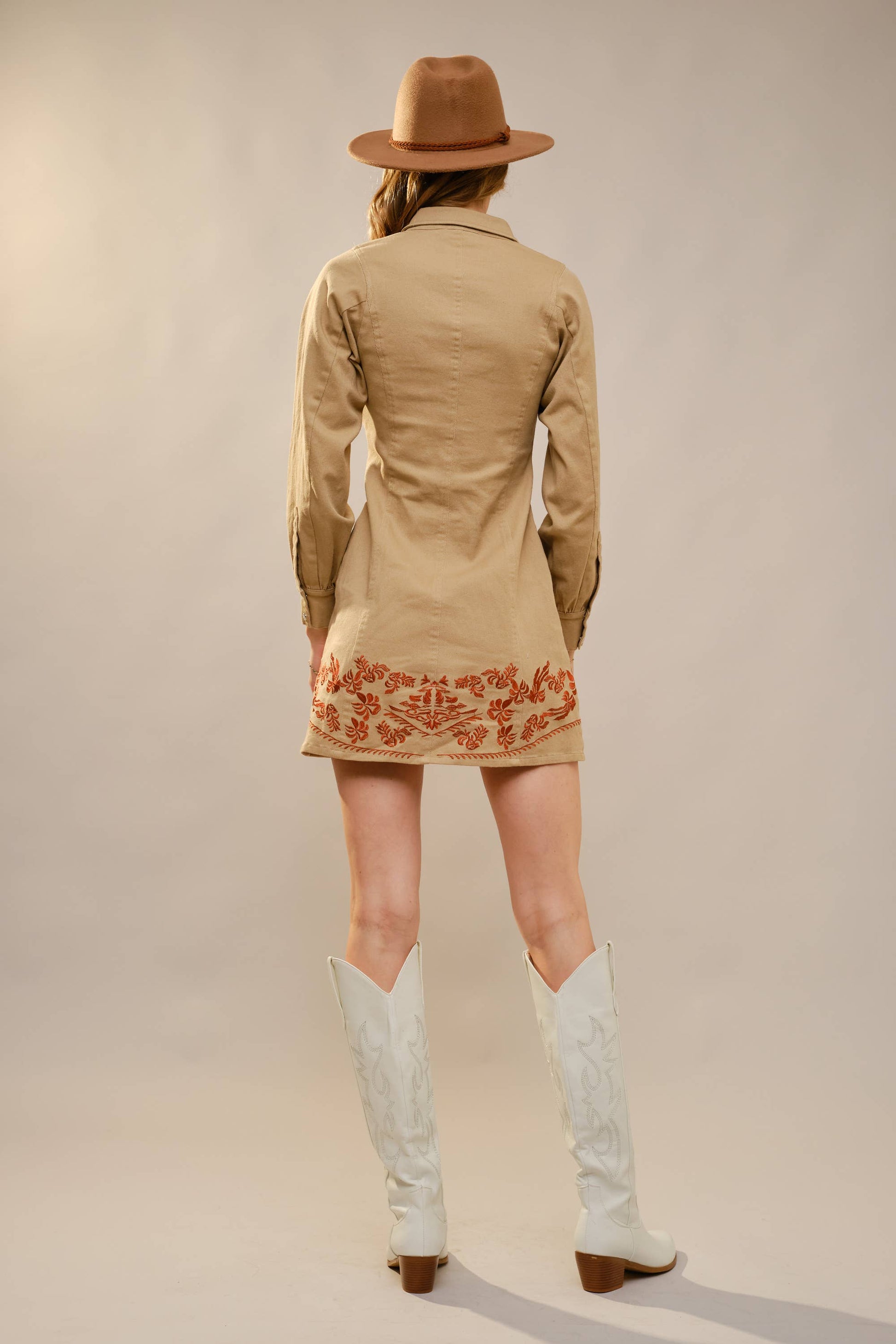 Embroidery Self Tie Denim Dress