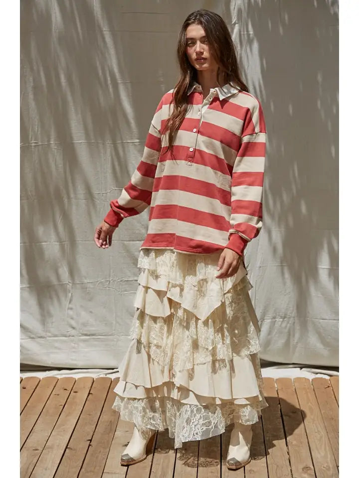 Knit Cotton Striped French Terry Collar Neck Top