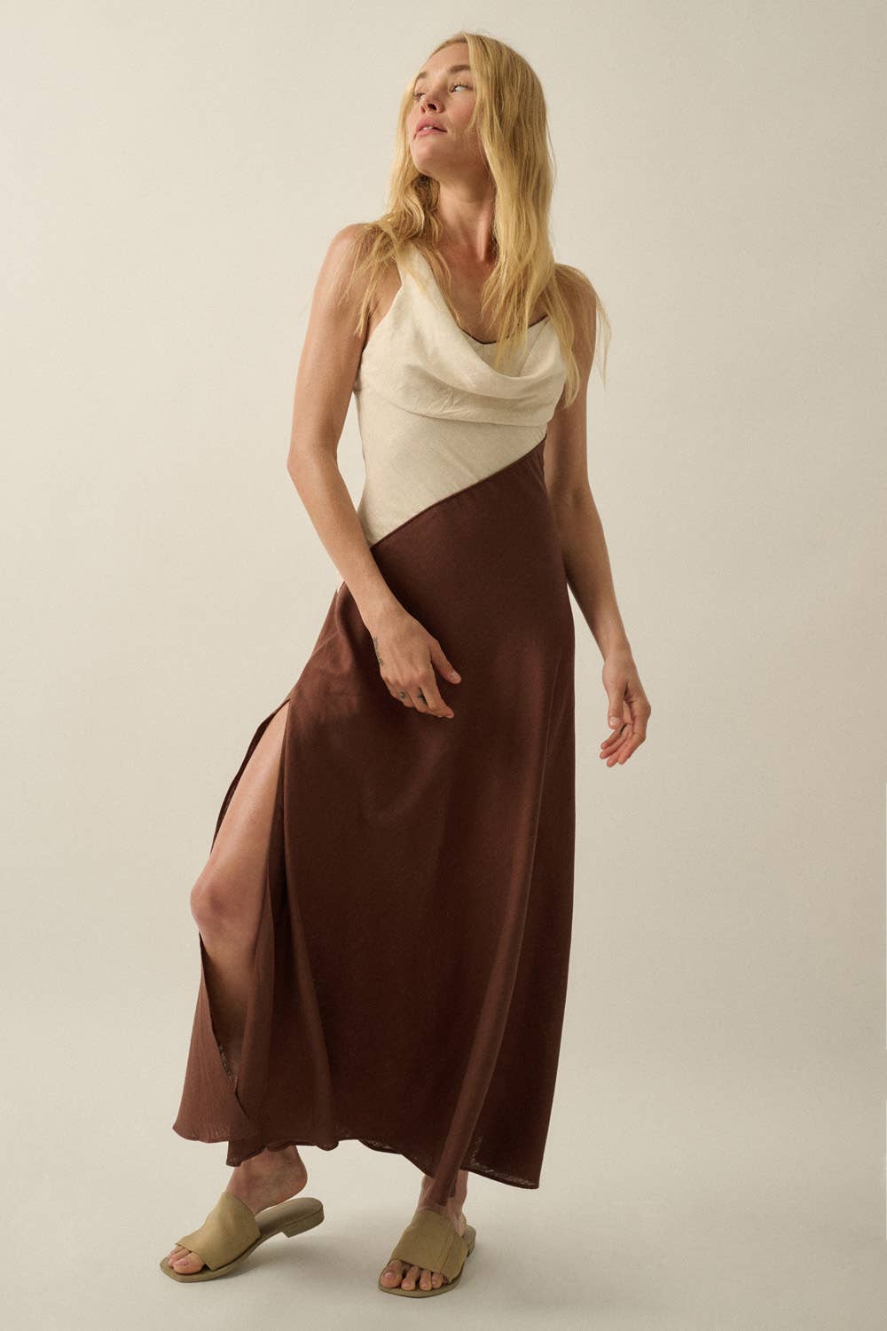 Colorblock Linen-Blend Asymmetrical Draped Maxi Dress